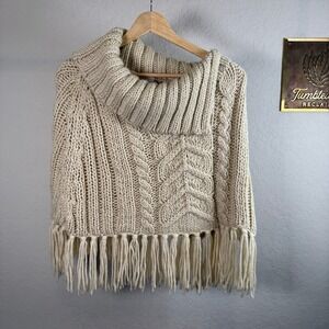 White House Black Market Mohair Wool Blend Cable Knit Fringed Cowl Neck Poncho